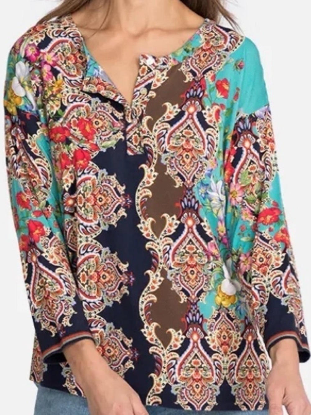 EUC Johnny Was Indi Flower Paisley 3/4 Sleeve Bamboo Henley Tunic - Picture 3 of 12